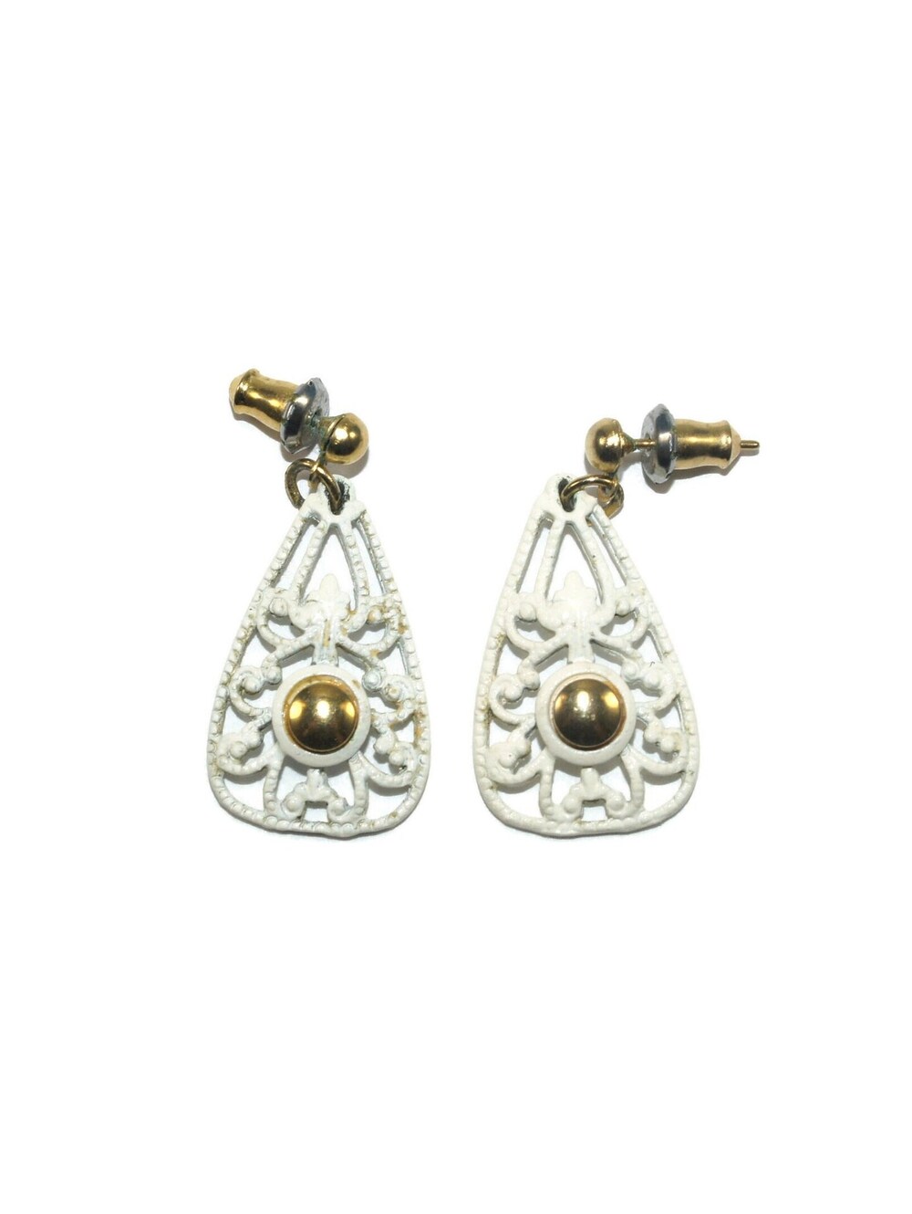 Vintage Gold Tone and White Enamel Teardrop Dangle Earrings.
